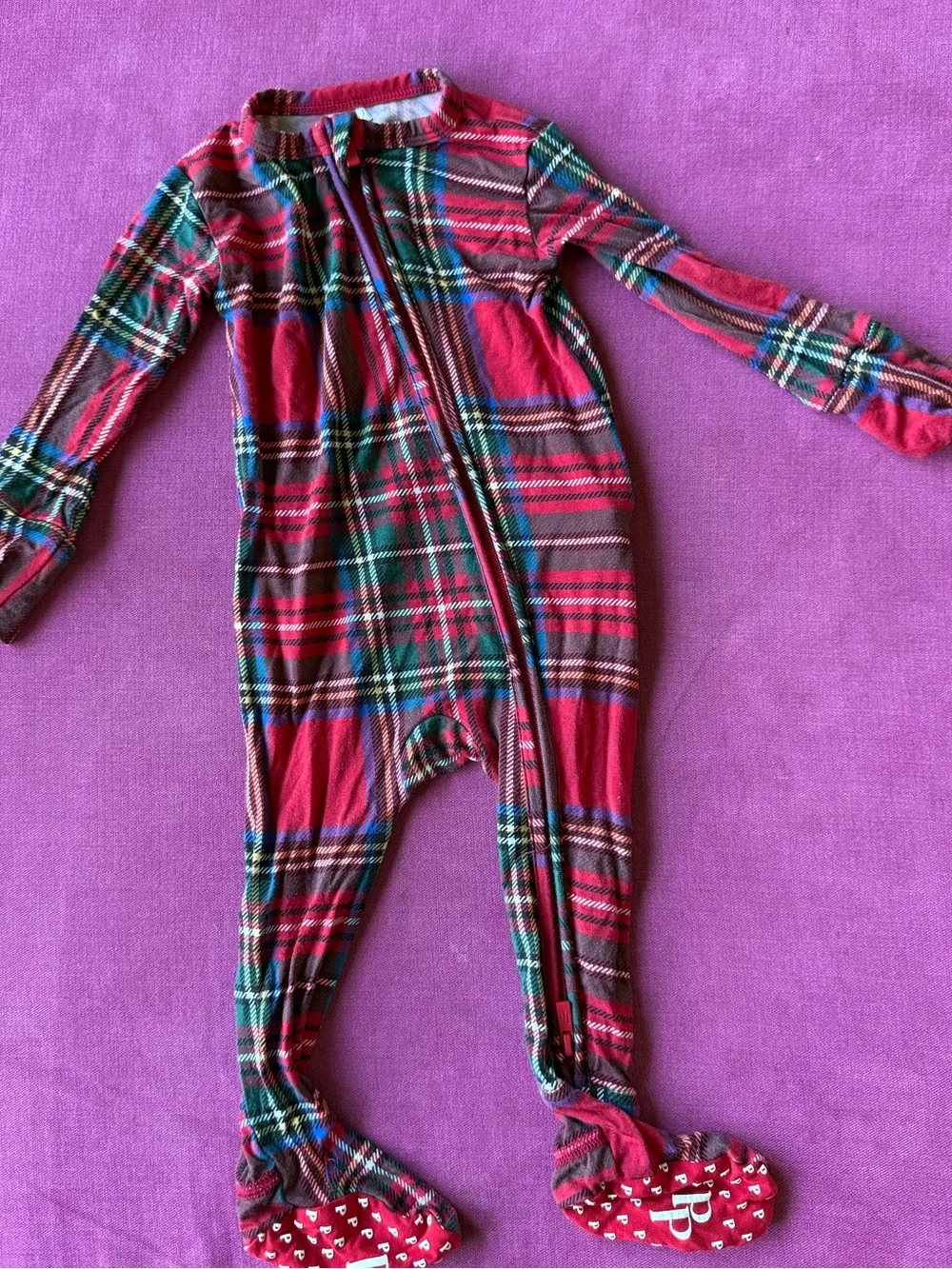 Posh Peanut Red Plaid Kids One-Piece Footed Pajamas